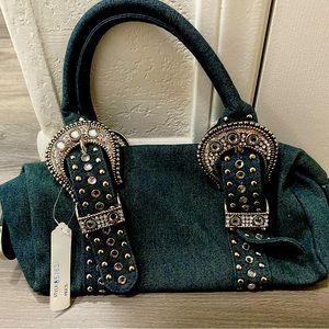 Beautiful denim purse with horseshoes and bling